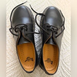 Dr. Martens Black Leather Flats with Yellow Stitching
